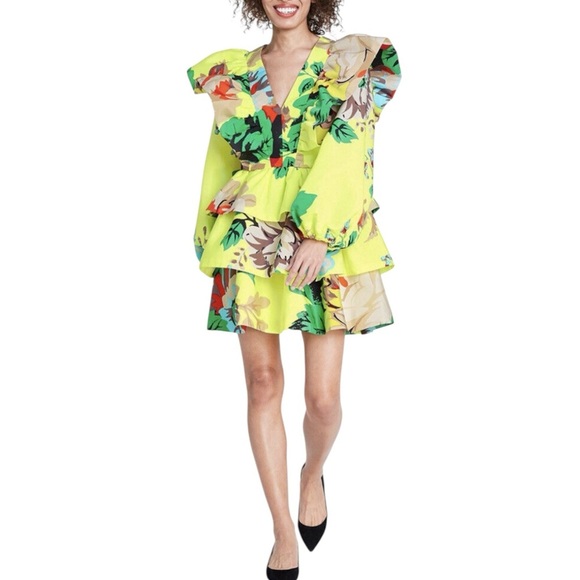 Christopher John Rogers for Target Neon Yellow Floral Ruffle Mini Dress - Picture 1 of 9